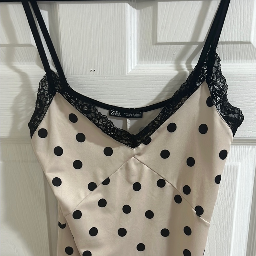 Zara Black Polka Dot Slip Dress with Lace